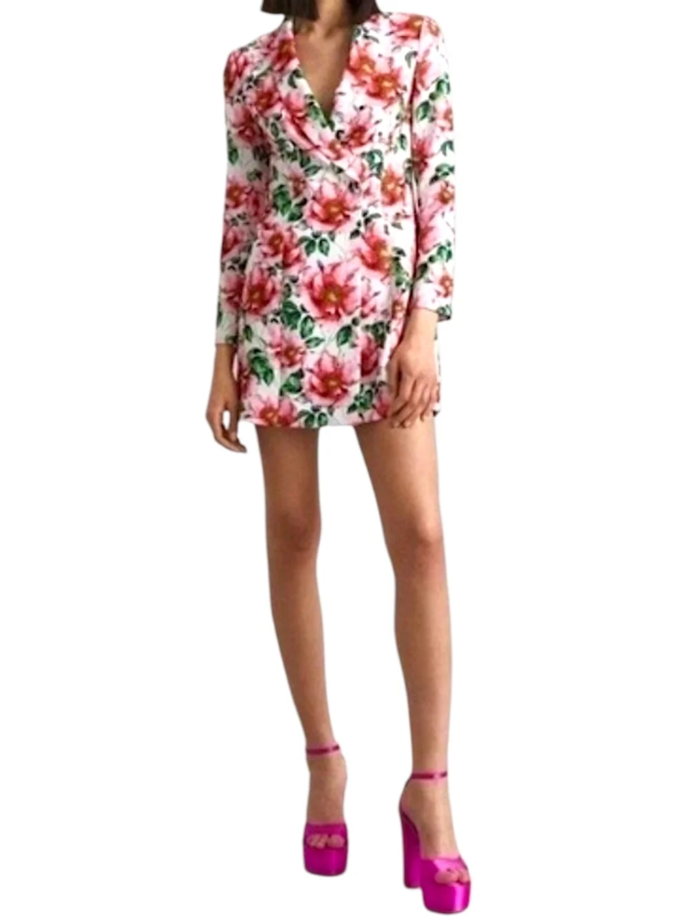 Alice +‎ Olivia Floral Plunge V-Neck Mini Dress Blazer Pink White Green Size 4